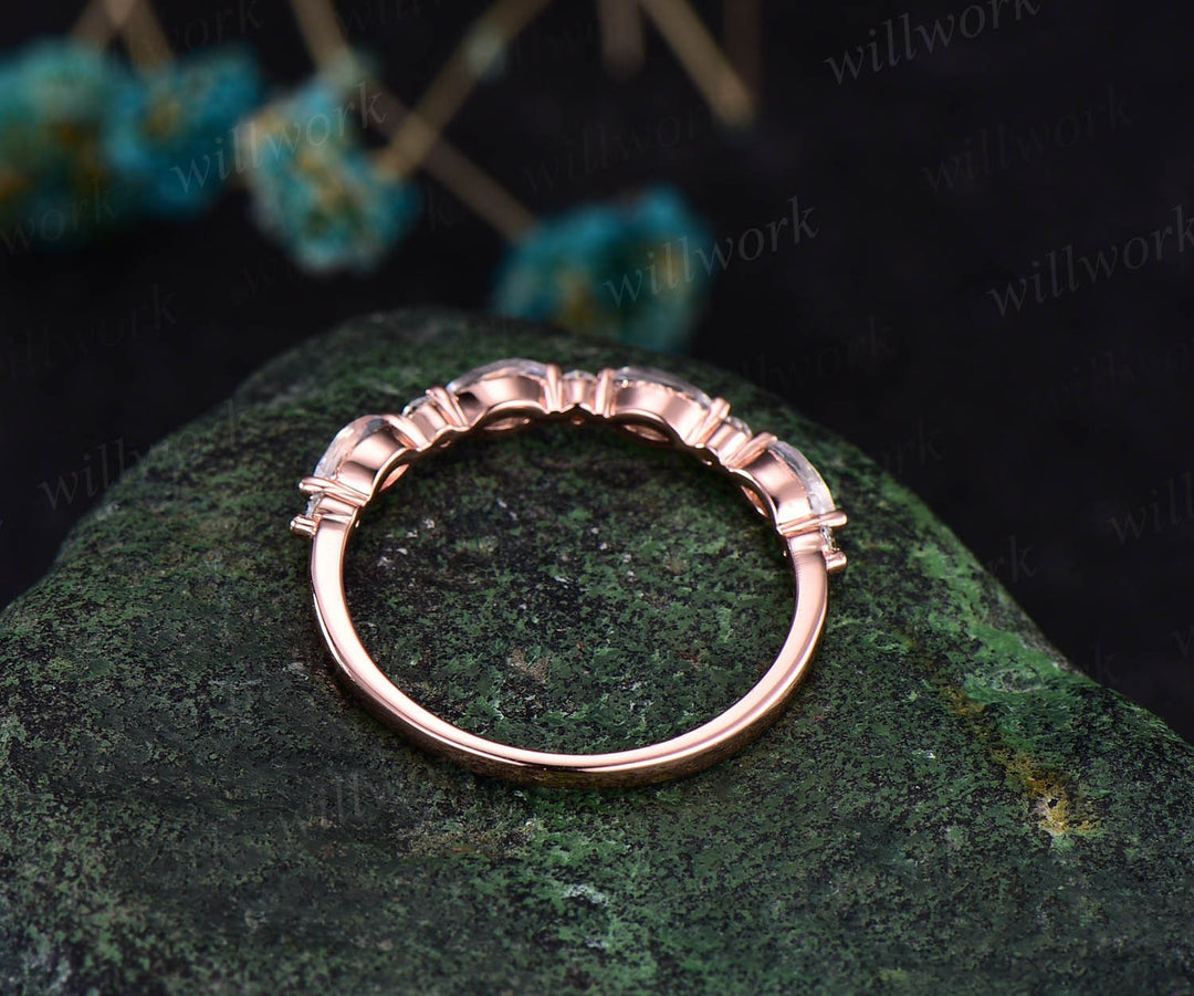 Marquise cut moonstone wedding band 14k rose gold art deco moonstone ring moissanite wedding band stacking ring band bridal ring for women
