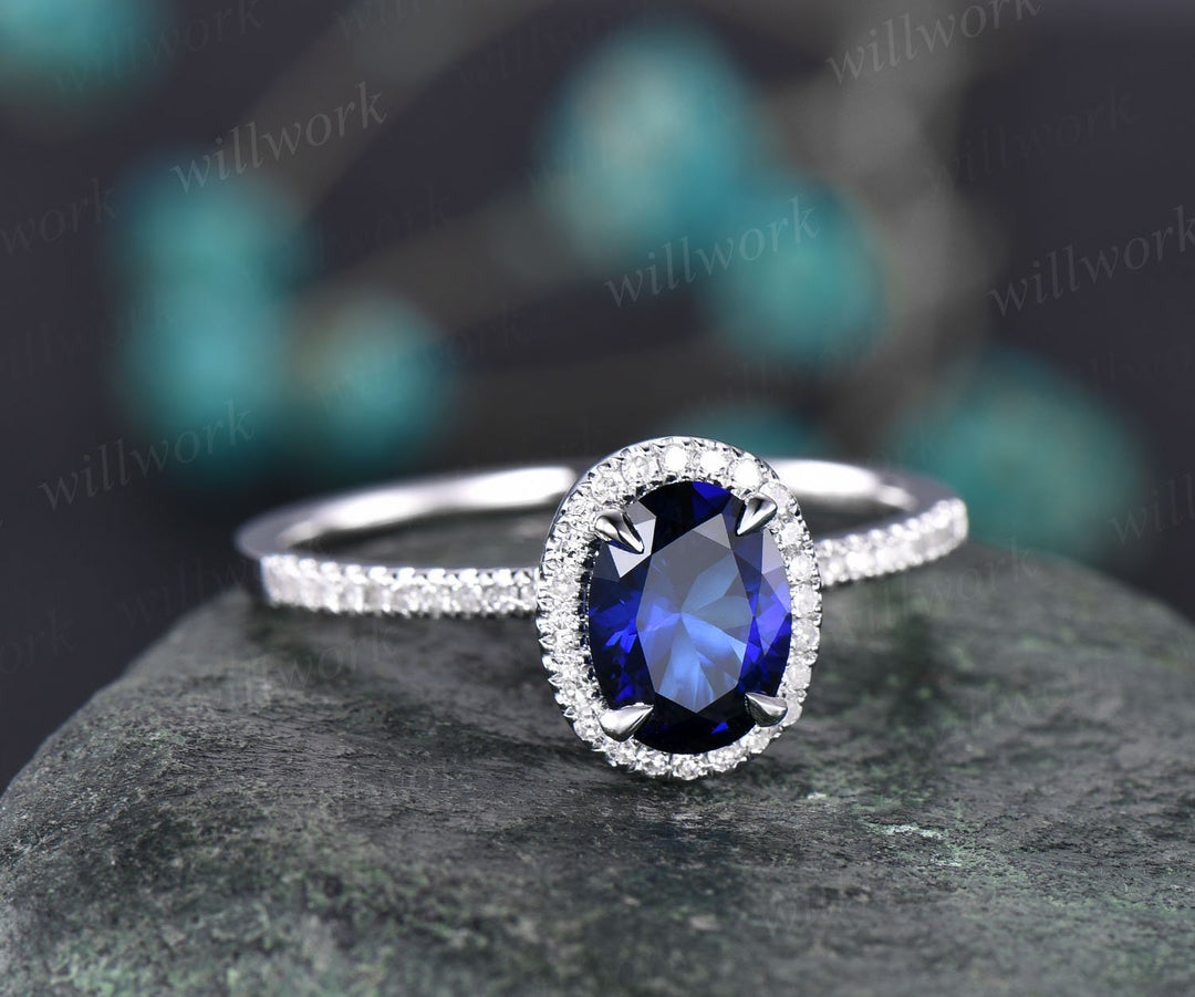 3pcs blue sapphire ring vintage sapphire engagement ring set rose gold for women diamond halo natural sapphire wedding band bridal ring set