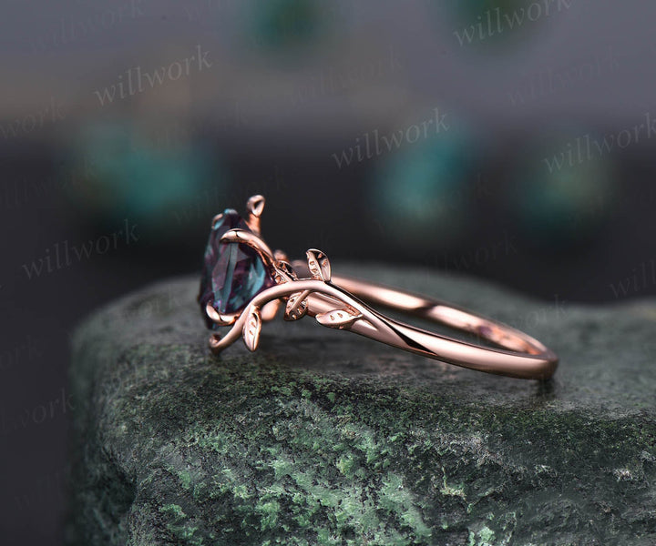 Vintage Alexandrite engagement ring leaf flower 14k rose gold ring oval cut color change Alexandrite ring for women sterling silver jewelry