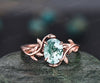 Unique vintage green moss agate engagement ring leaf flower art deco dainty solitaire rose gold ring promise bridal weddring ring jewelry