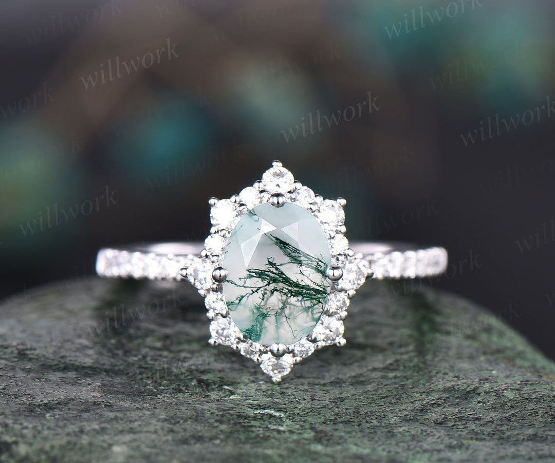 Oval cut moss agate ring gold silver vintage unique green moss agate engagement ring set art deco emerald diamond wedding ring set for women