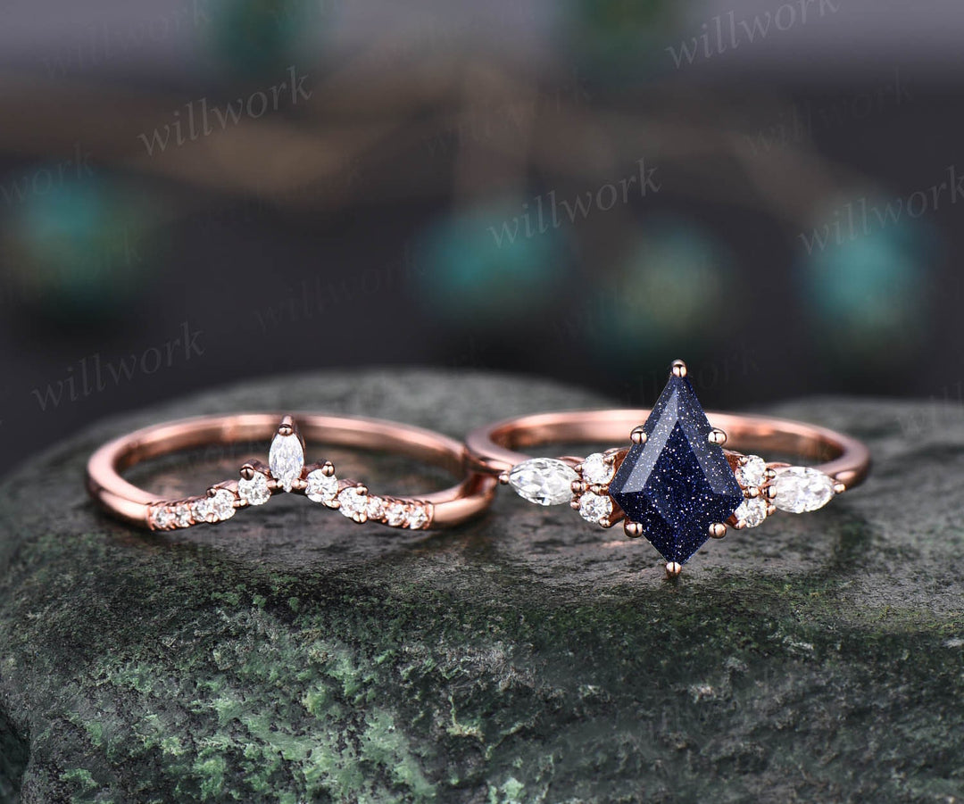Unique kite cut blue sandstone engagement ring set 14k rose gold ring vintage marquise cut moissanite anniversary wedding ring set for women