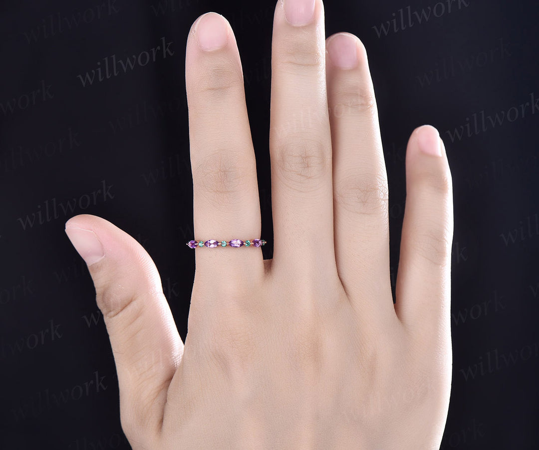 Marquise cut amethyst wedding band half eternity natural emerald wedding band 14k rose gold art deco stacking ring women anniversary band