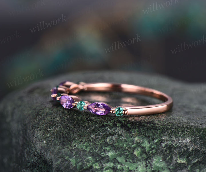Marquise cut amethyst wedding band half eternity natural emerald wedding band 14k rose gold art deco stacking ring women anniversary band