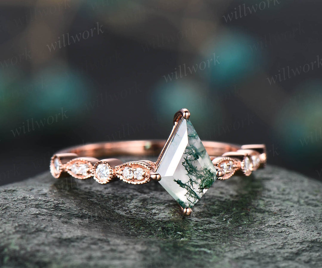Vintage green moss agate engagement ring 14k rose gold kite cut ring art deco milgrain diamond ring unique bridal wedding ring for women
