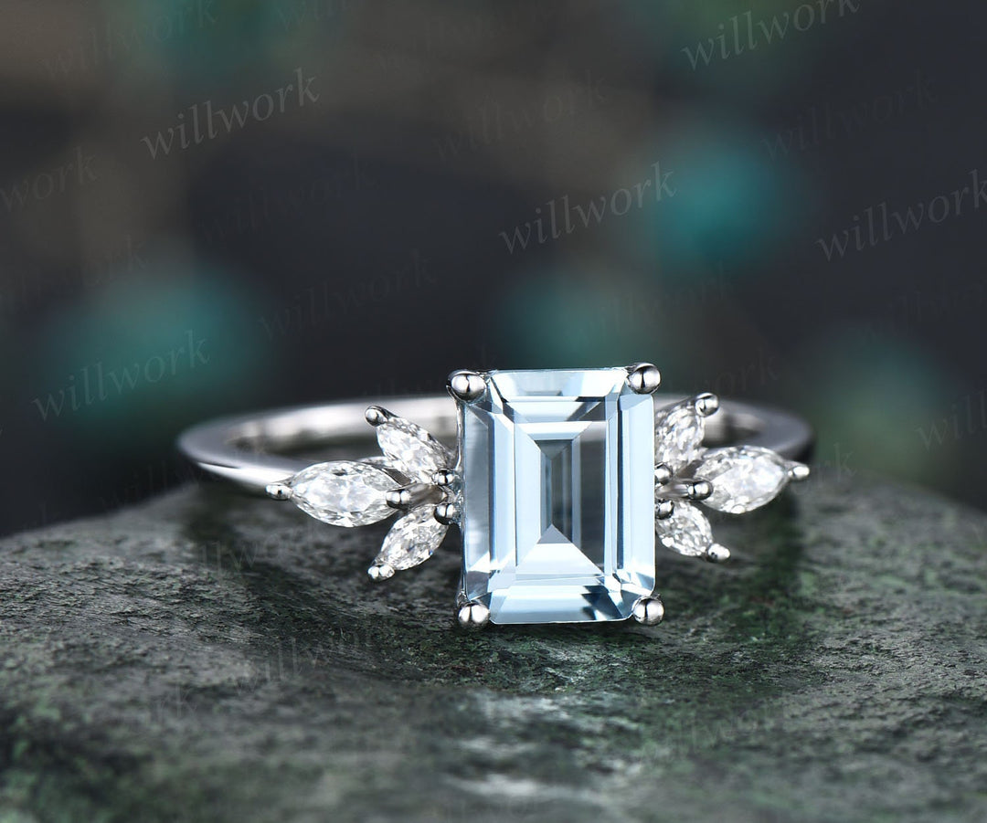 Vintage aquamarine ring gold women emerald cut aquamarine engagement ring art deco dainty flower marquise moissanite wedding promise ring