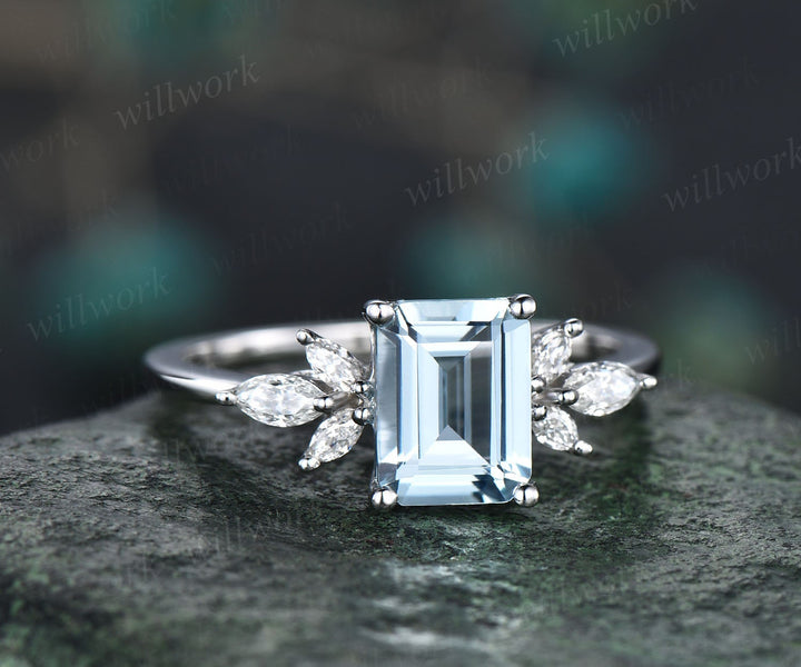 Vintage aquamarine ring gold women emerald cut aquamarine engagement ring art deco dainty flower marquise moissanite wedding promise ring