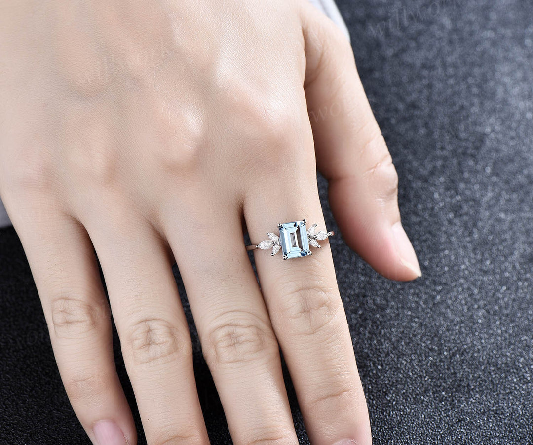 Vintage aquamarine ring gold women emerald cut aquamarine engagement ring art deco dainty flower marquise moissanite wedding promise ring