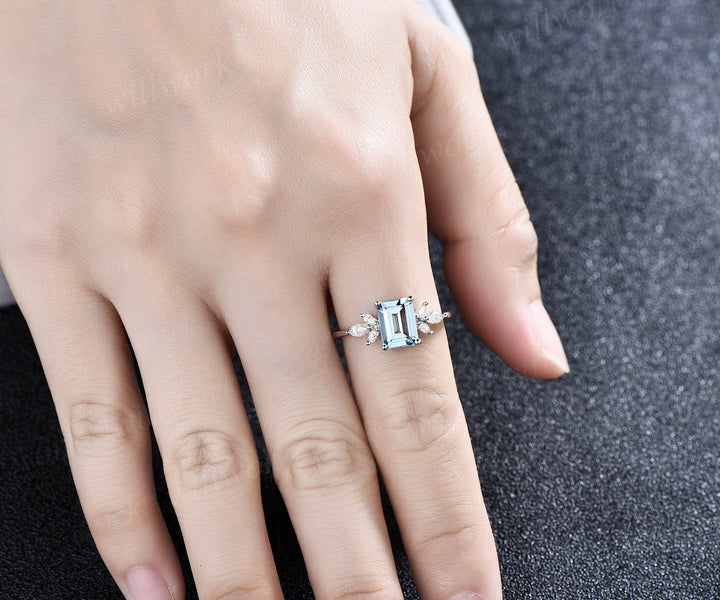 Vintage aquamarine ring gold women emerald cut aquamarine engagement ring art deco dainty flower marquise moissanite wedding promise ring