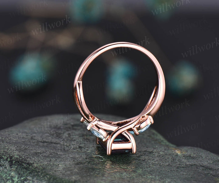Vintage emerald cut Alexandrite engagement ring five stone art deco 14k rose gold ring marquise cut moonstone ring unique wedding ring women