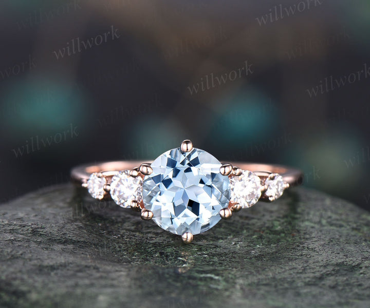 Vintage unique aquamarine engagement ring set round cut ring rose gold five stone moissanite wedding ring set women March birthstone ring