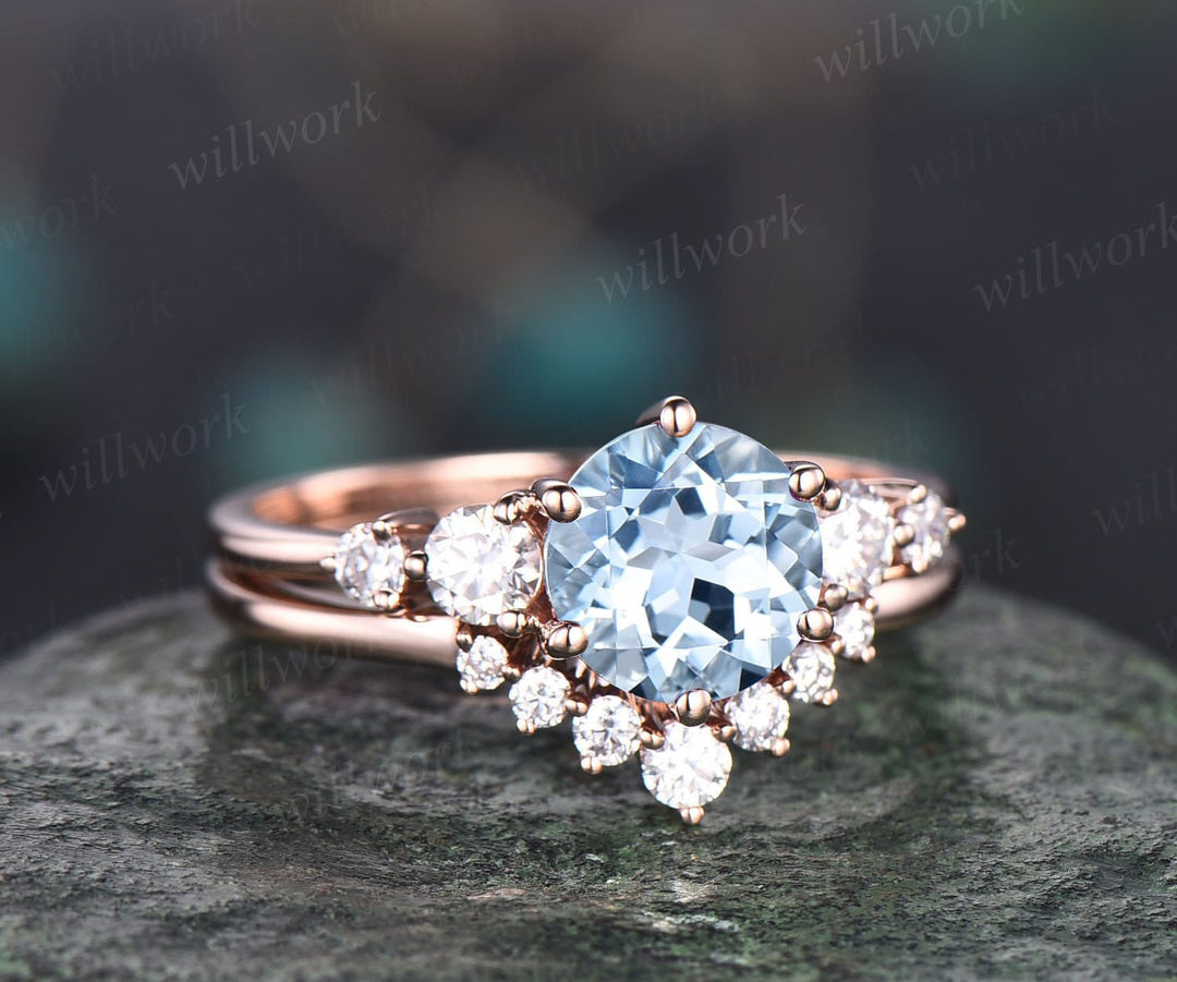 Vintage unique aquamarine engagement ring set round cut ring rose gold five stone moissanite wedding ring set women March birthstone ring