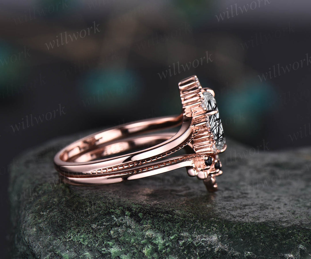 Unique pear shaped black rutilated quartz engagement ring set rose gold black diamond ring vintage moissanite anniversary ring set women