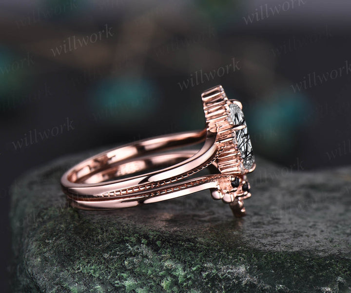Unique pear shaped black rutilated quartz engagement ring set rose gold black diamond ring vintage moissanite anniversary ring set women
