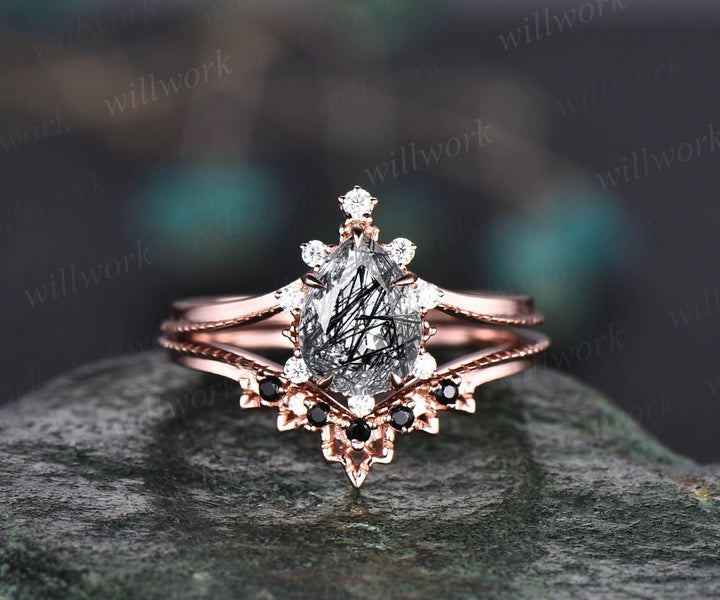 Unique pear shaped black rutilated quartz engagement ring set rose gold black diamond ring vintage moissanite anniversary ring set women