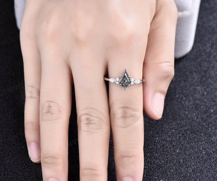 Unique kite black rutilated quartz engagement ring set white gold art deco six prong moissanite bridal ring set for women black stone ring