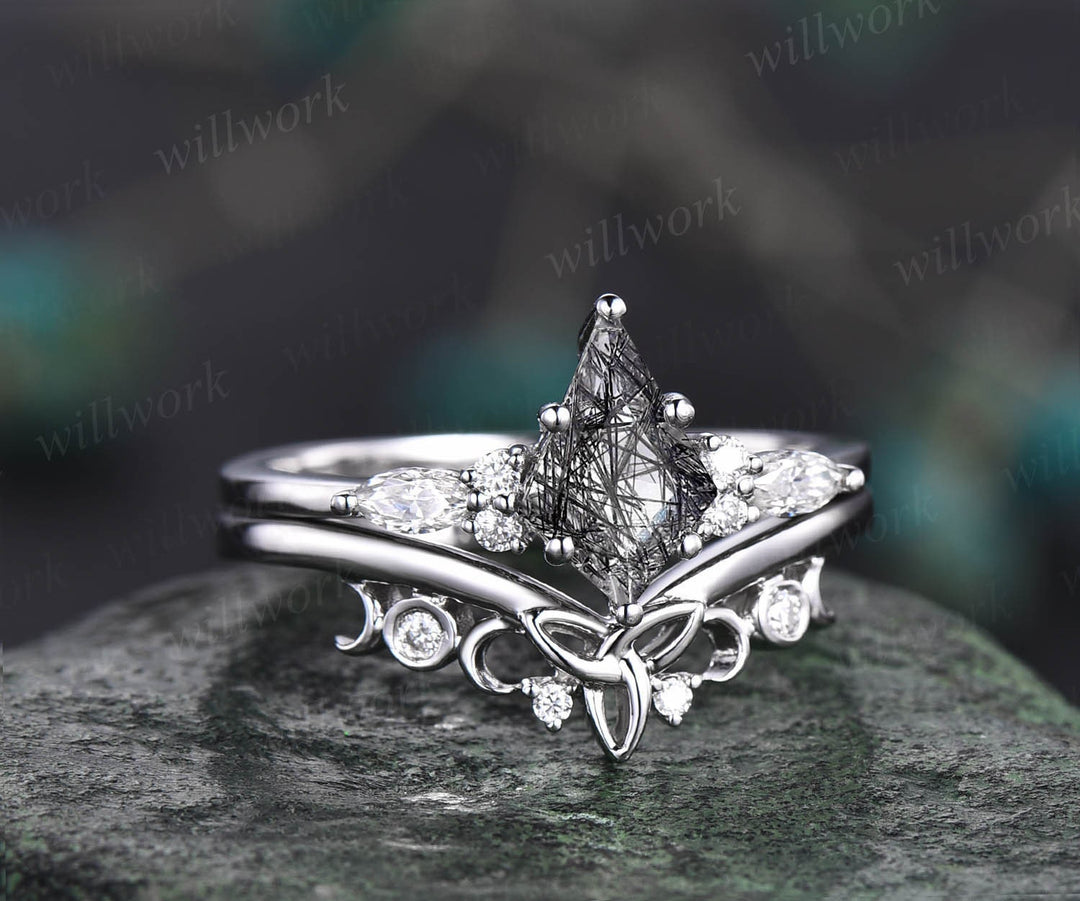 Unique kite black rutilated quartz engagement ring set white gold art deco six prong moissanite bridal ring set for women black stone ring