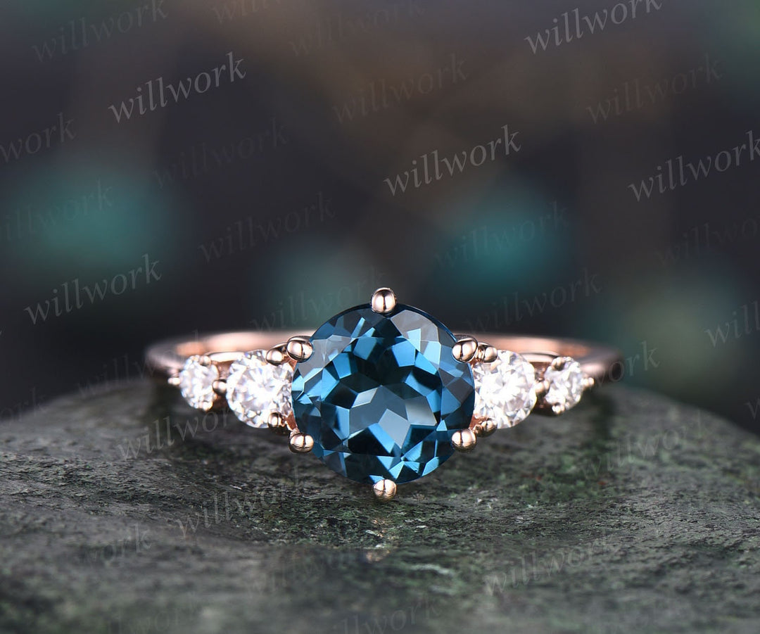 Unique London blue topaz engagement ring set 14k rose gold silver five stone minimalist ring six prong moissanite bridal ring set for women