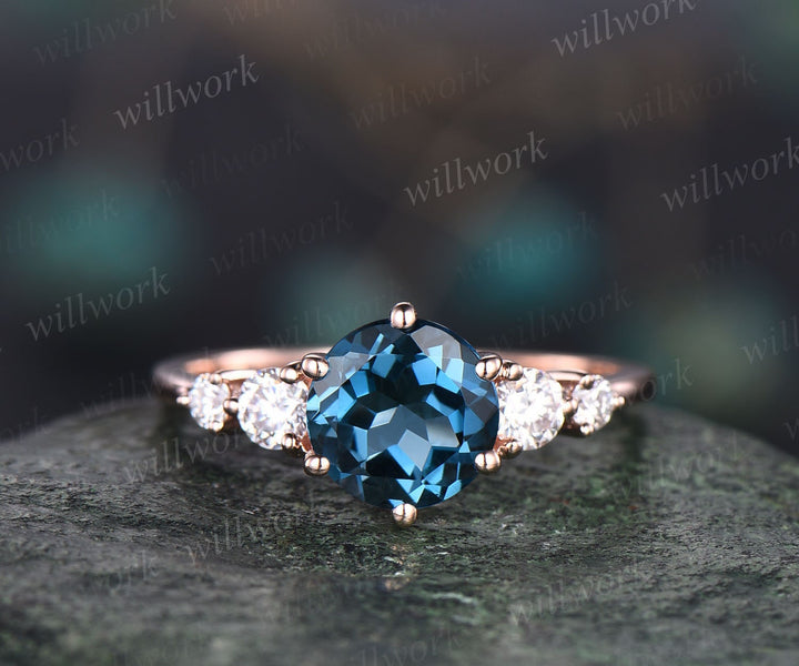 Unique London blue topaz engagement ring set 14k rose gold silver five stone minimalist ring six prong moissanite bridal ring set for women