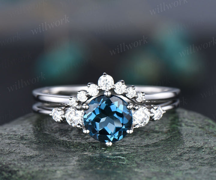 Unique London blue topaz engagement ring set 14k rose gold silver five stone minimalist ring six prong moissanite bridal ring set for women