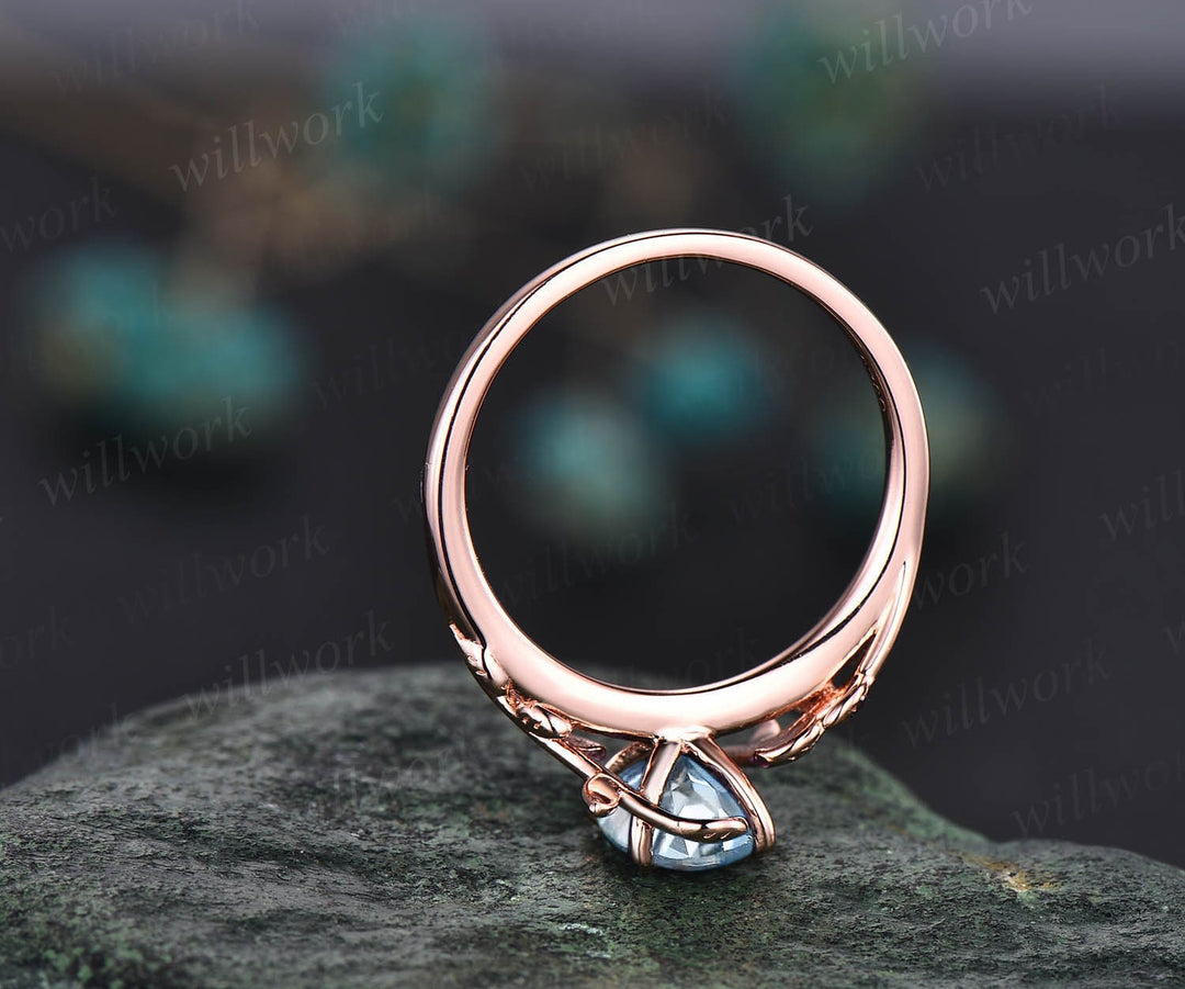 Oval cut aquamarine engagement ring 14k rose gold art deco solitaire leaf flower nature inspired engagement ring March birthstone ring women