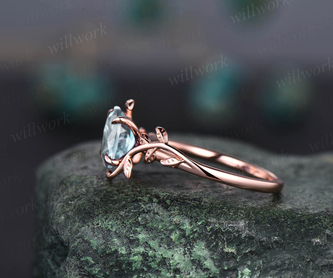 Oval cut aquamarine engagement ring 14k rose gold art deco solitaire leaf flower nature inspired engagement ring March birthstone ring women