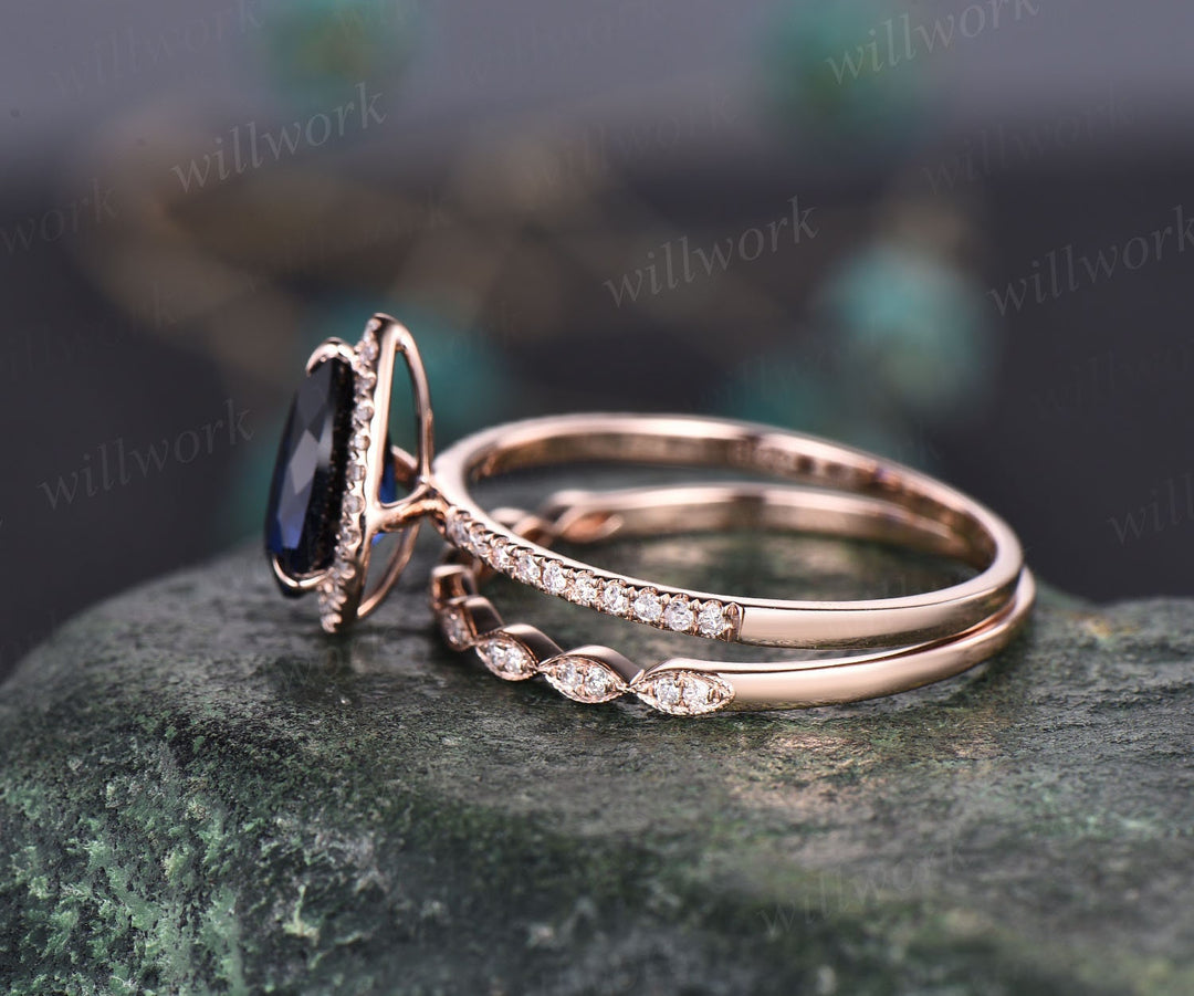 Unique Pear shaped sapphire engagement ring set 14k rose gold halo diamond ring vintage wedding ring set for women September birthstone ring