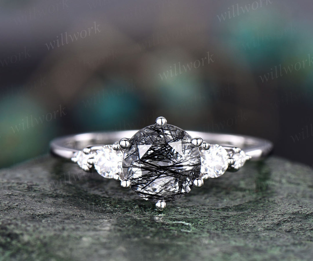 Vintage black rutilated quartz engagement ring set five stone rose gold ring women black diamond ring set stacking ring set promise ring