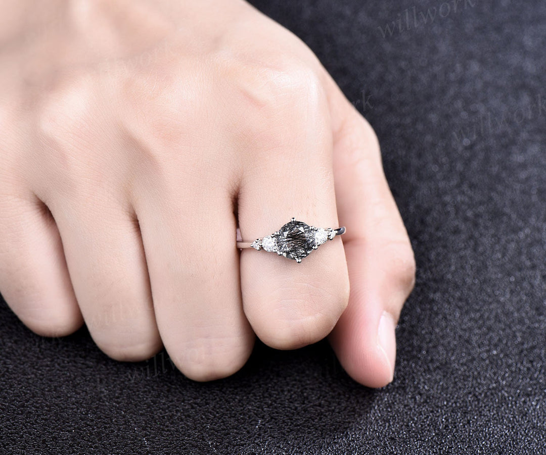 Vintage black rutilated quartz engagement ring set five stone rose gold ring women black diamond ring set stacking ring set promise ring