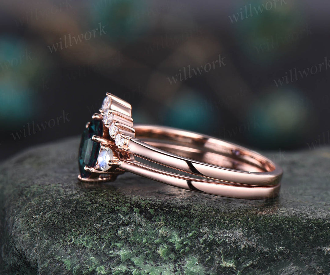 Unique Alexandrite moonstone engagement ring set rose gold hexagon cut ring three stone minimalist ring moissanite bridal ring set women