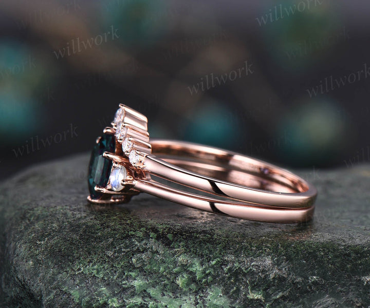 Unique Alexandrite moonstone engagement ring set rose gold hexagon cut ring three stone minimalist ring moissanite bridal ring set women