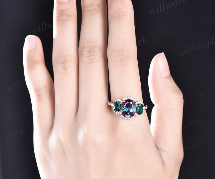 Oval cut Alexandrite engagement ring rose gold art deco vintage unique engagement ring holo moissanite wedding ring for women fine jewelry