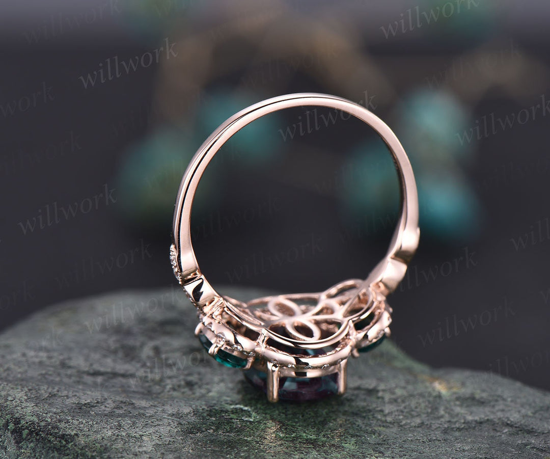 Oval cut Alexandrite engagement ring rose gold art deco vintage unique engagement ring holo moissanite wedding ring for women fine jewelry