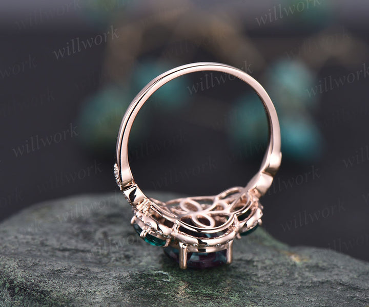 Oval cut Alexandrite engagement ring rose gold art deco vintage unique engagement ring holo moissanite wedding ring for women fine jewelry