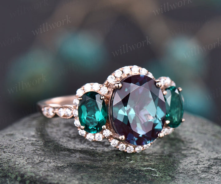 Oval cut Alexandrite engagement ring rose gold art deco vintage unique engagement ring holo moissanite wedding ring for women fine jewelry