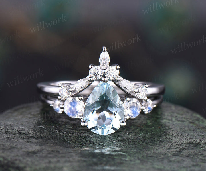 Pear shaped aquamarine ring gold silver vintage unique aquamarine engagement ring set five stone moonstone ring women March birthstone ring