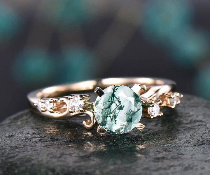 Round cut moss agate ring gold silver vintage style unique green moss agate engagement ring antique diamond ring bridal wedding ring women