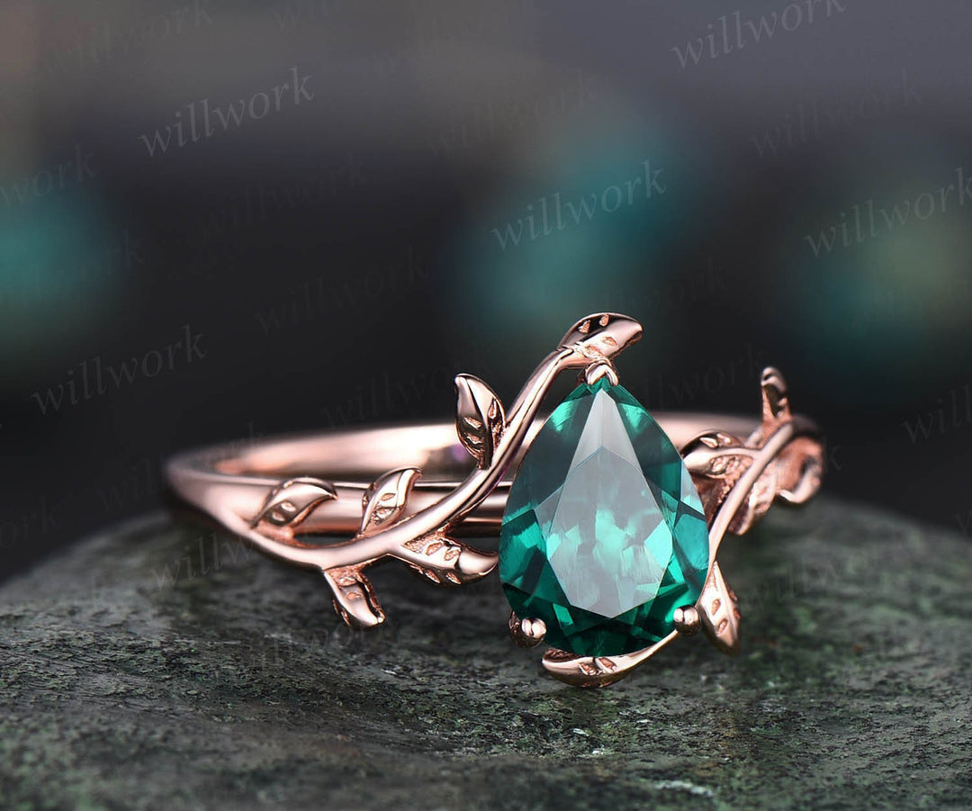 Twig Pear shaped emerald ring gold vintage nature inspired unique emerald engagement ring antique leaf ring bridal wedding ring for women