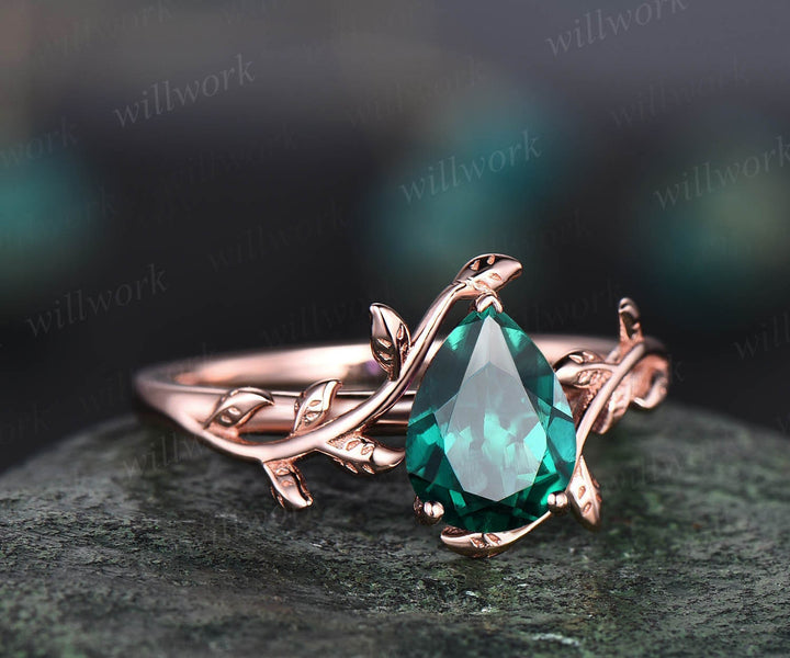 Twig Pear shaped emerald ring gold vintage nature inspired unique emerald engagement ring antique leaf ring bridal wedding ring for women
