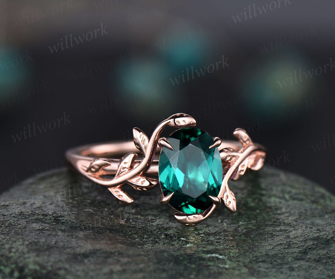 Oval cut emerald ring gold silver for women green emerald engagement ring leaf vintage solitaire unique alternative engagement ring gifts
