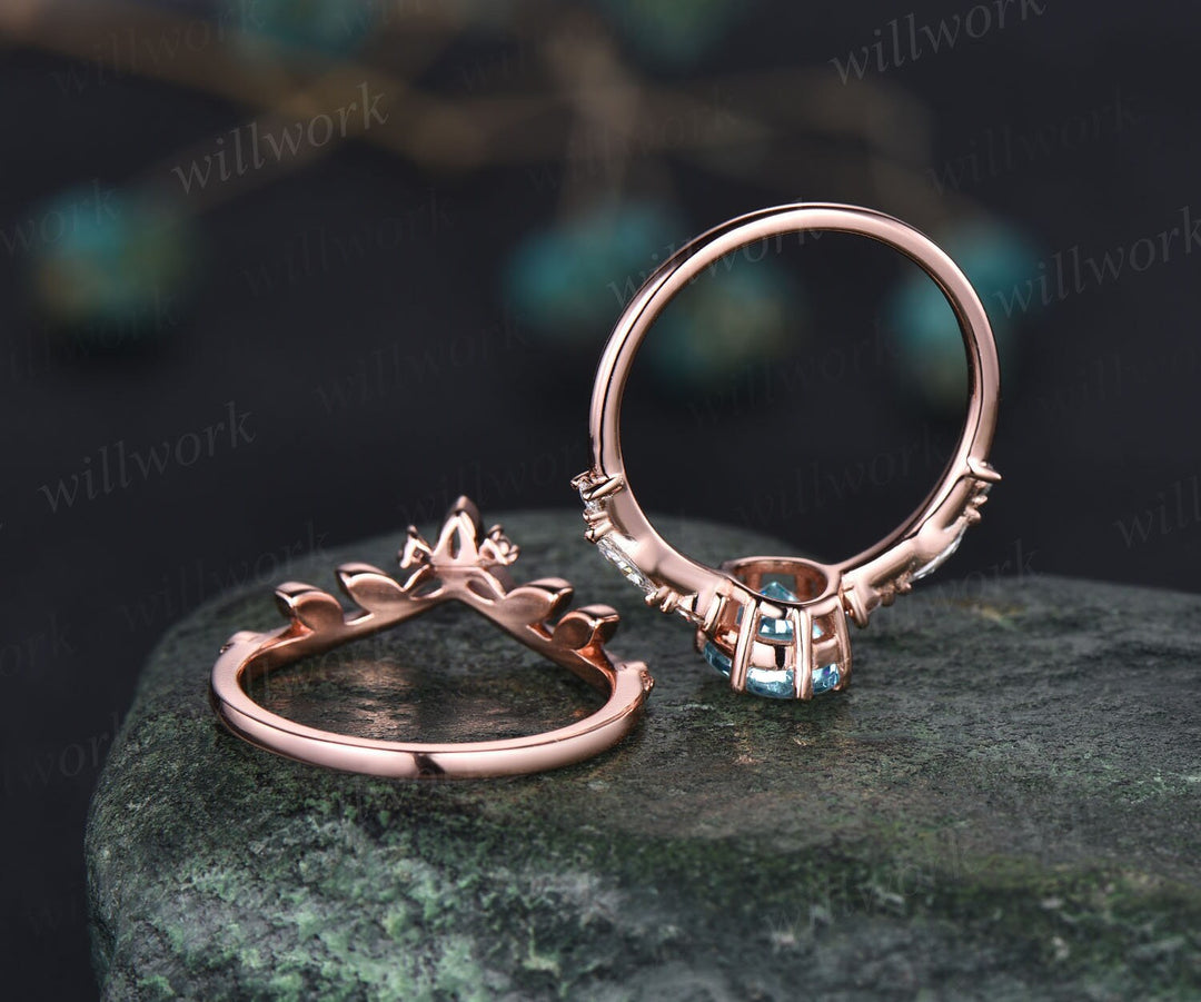 Oval aquamarine engagement ring set rose gold vintage art deco Alternative unique engagement ring marquise diamond wedding ring set women