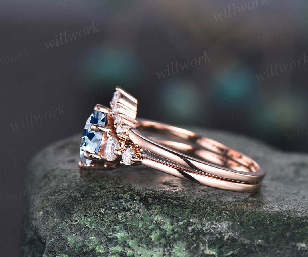 Vintage unique aquamarine engagement ring set round cut ring rose gold five stone moissanite wedding ring set women March birthstone ring