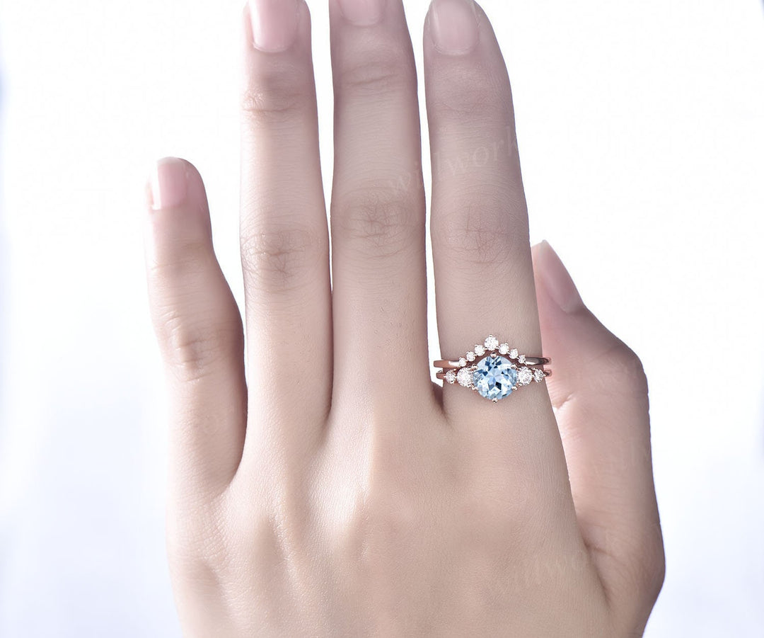 Vintage unique aquamarine engagement ring set round cut ring rose gold five stone moissanite wedding ring set women March birthstone ring