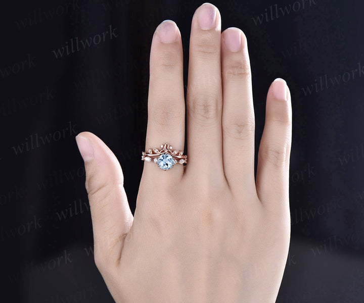 Round cut aquamarine ring gold vintage unique aquamarine engagement ring set art deco diamond ring set six prong marquise ring set jewelry