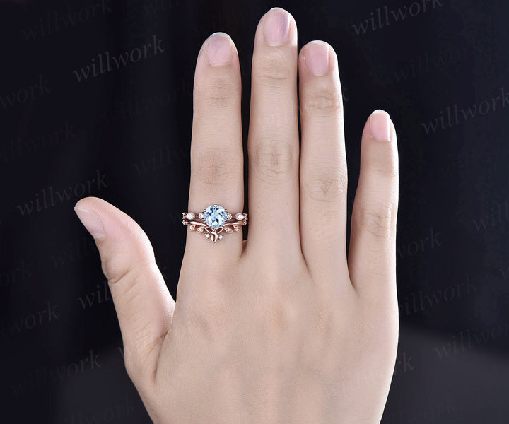 Round cut aquamarine ring gold vintage unique aquamarine engagement ring set art deco diamond ring set six prong marquise ring set jewelry