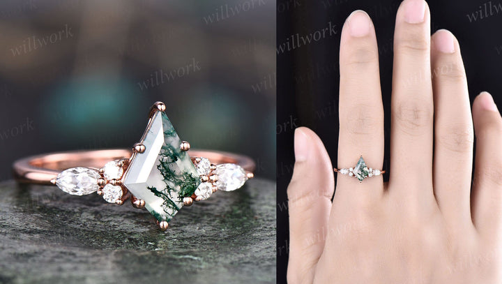 Vintage kite cut green moss agate engagement ring set 14k white gold marquise cut diamond ring for women unique bridal wedding ring set gift
