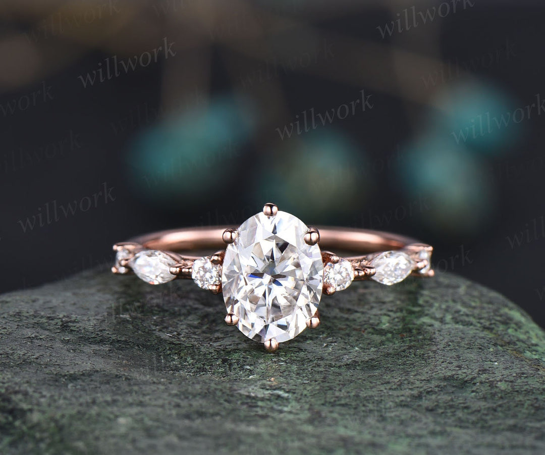Oval cut moissanite ring gold silver alternative unique moissanite engagement ring set antique diamond ring rose gold bridal ring set women