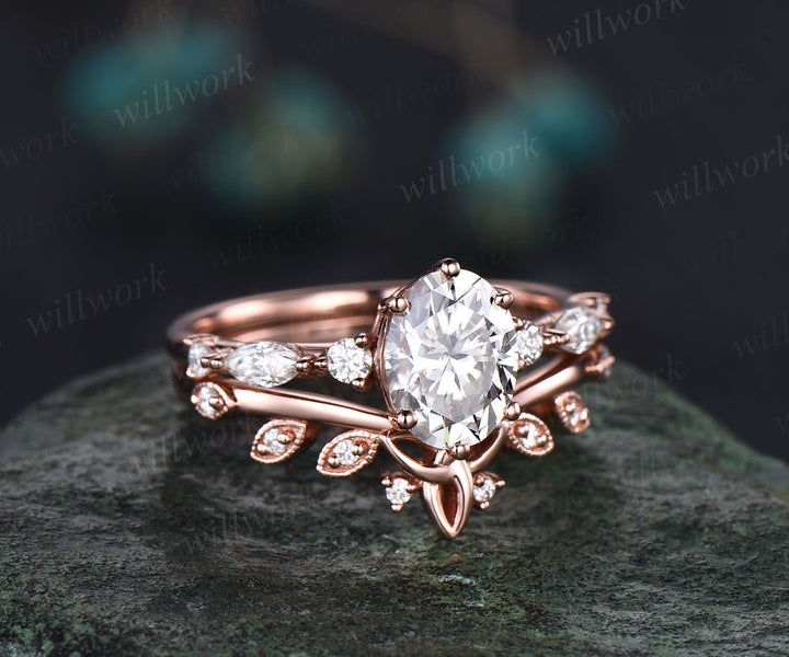 Oval cut moissanite ring gold silver alternative unique moissanite engagement ring set antique diamond ring rose gold bridal ring set women