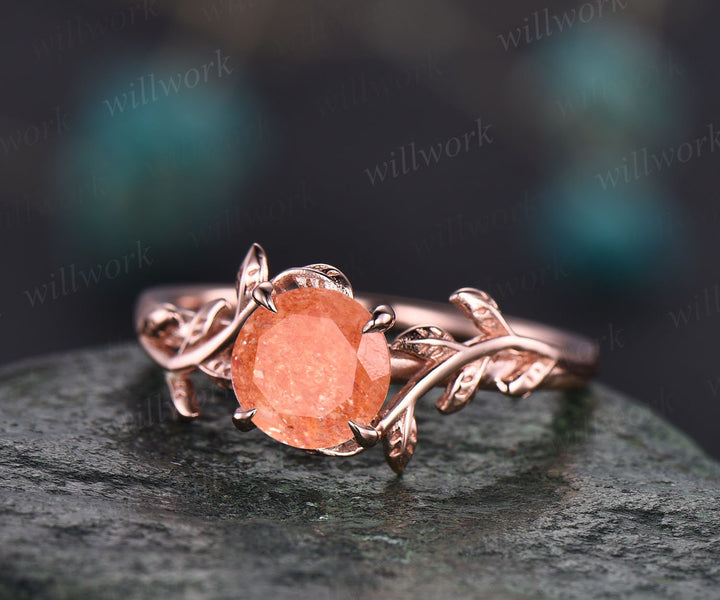 Round cut orange sunstone ring gold unique nature inspired sunstone engagement ring rose gold art deco leaf ring bridal promise ring women