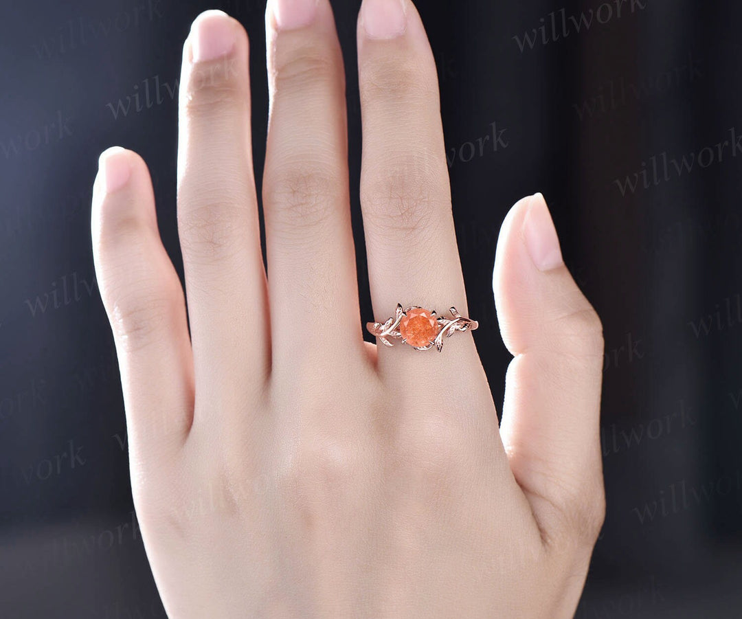 Round cut orange sunstone ring gold unique nature inspired sunstone engagement ring rose gold art deco leaf ring bridal promise ring women